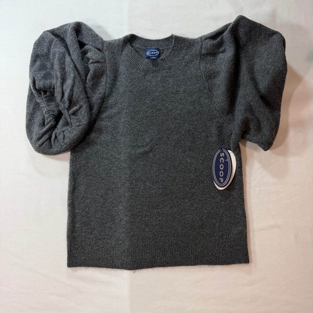 Scoop Puff Shoulder Sweater Tee Womens L 12-14 Heather Dark Charcoal Gray Knit